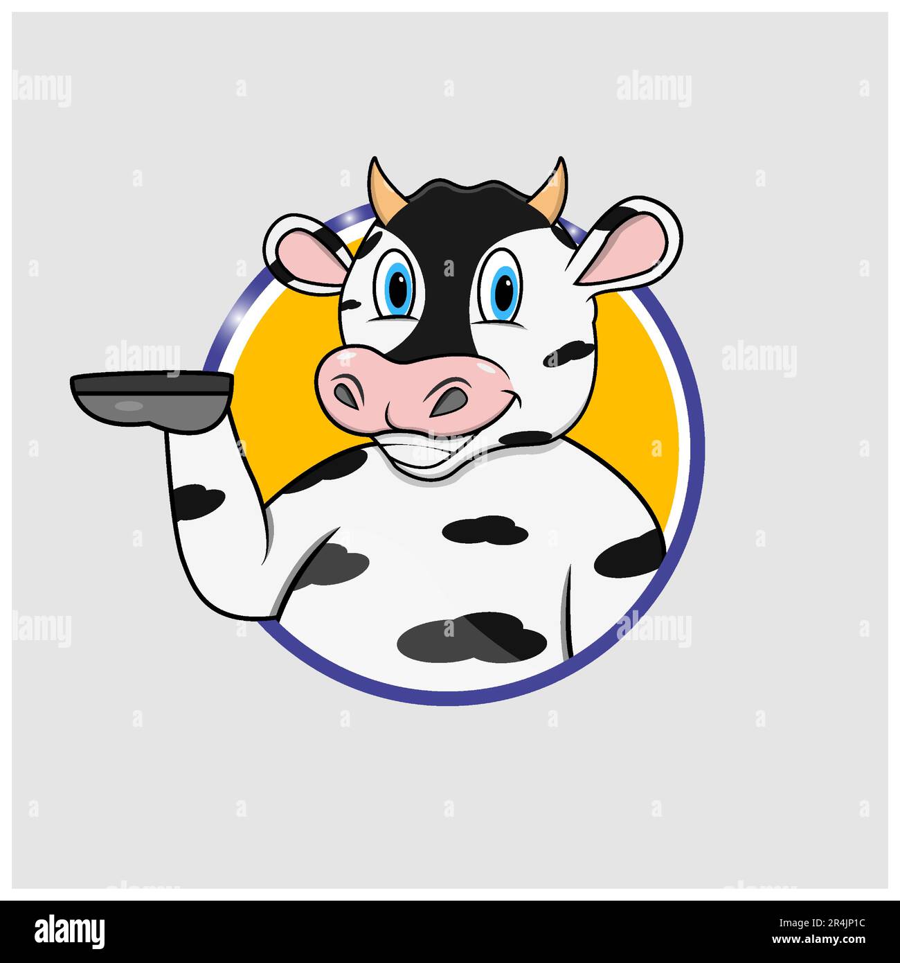 Cow Head Circle Label With Funny Smile Expression, Yellow Colors Background, Mascot, Icon, Character or Logo, Vector and Illustration. Stock Vector