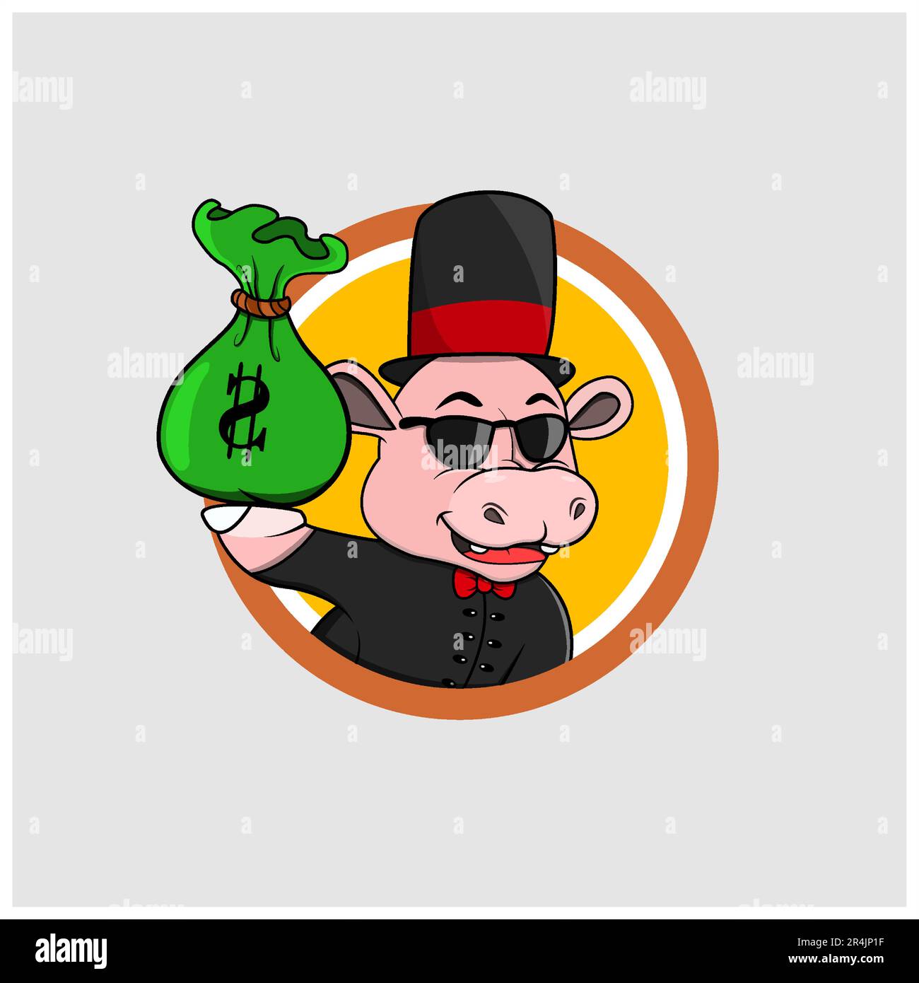 Rich Cartoon Hippopotamus  Head Circle Label With Bring Money, Yellow Colors Background, Cartoon, Mascot, Animals, Character, Vector and Illustration. Stock Vector