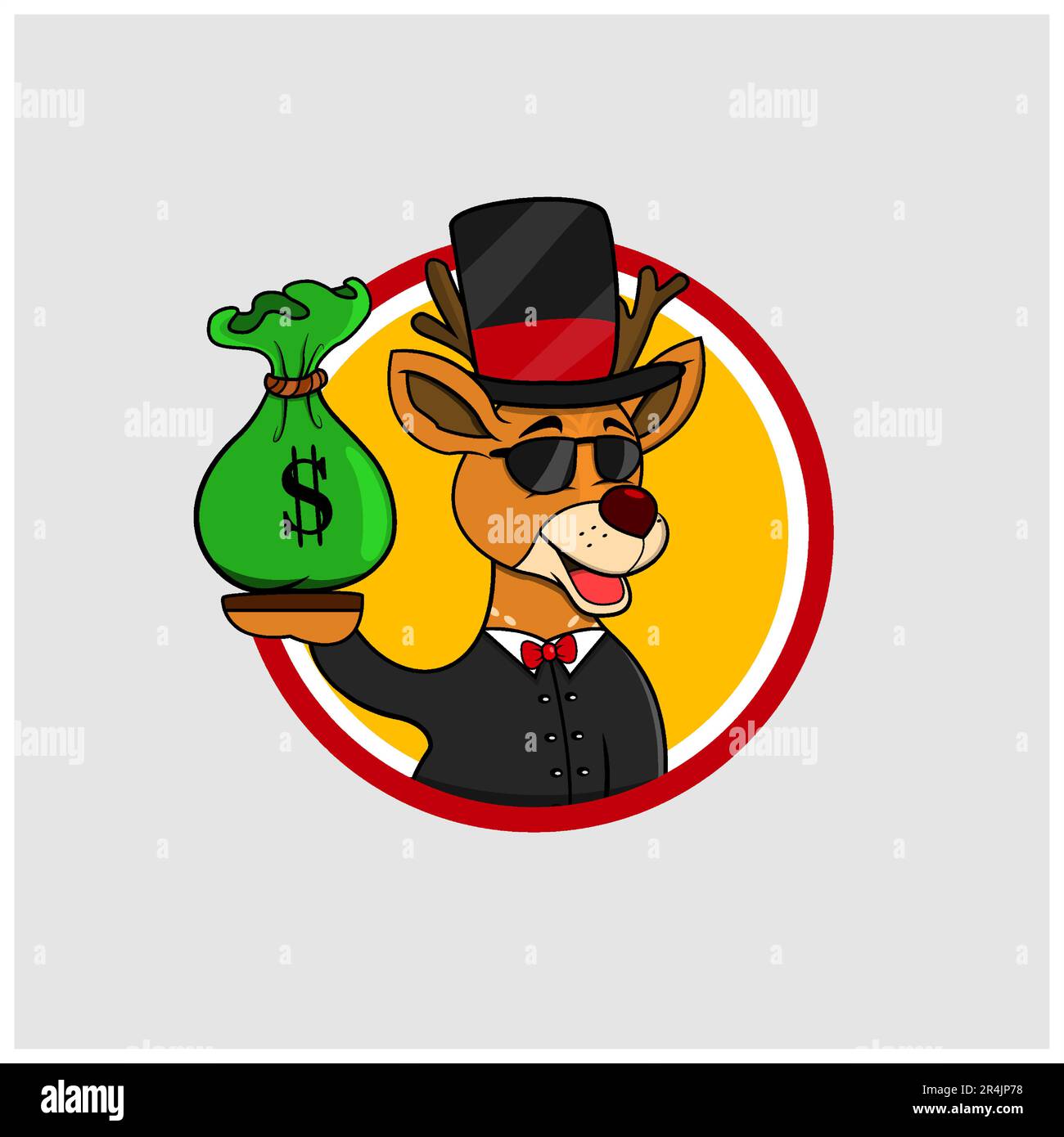 Rich Cartoon Deer Head Circle Label With Bring Money, Yellow Colors Background, Cartoon, Mascot, Animals, Character, Vector and Illustration. Stock Vector