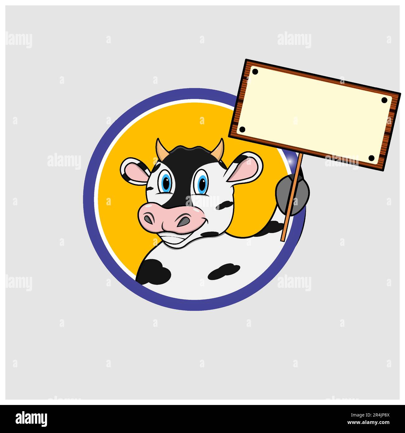 Cow Head Circle Label With Bring Blank Wood Sign, Yellow Colors Background, Mascot, Icon, Character or Logo, Vector and Illustration. Stock Vector