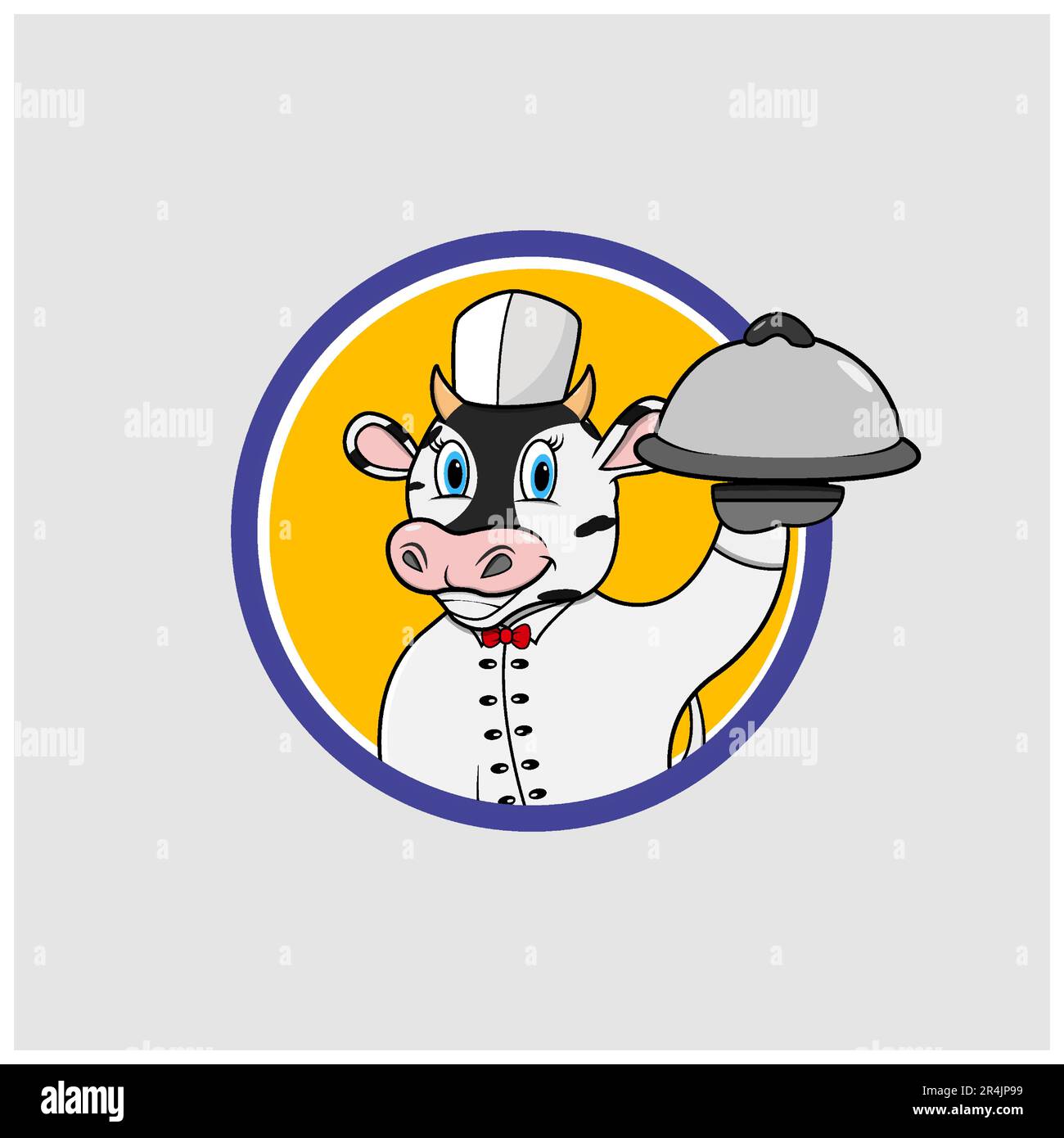 Cow Head Circle Label With Food and Chef Custom, Yellow Colors Background, Mascot, Icon, Character or Logo, Vector and Illustration. Stock Vector