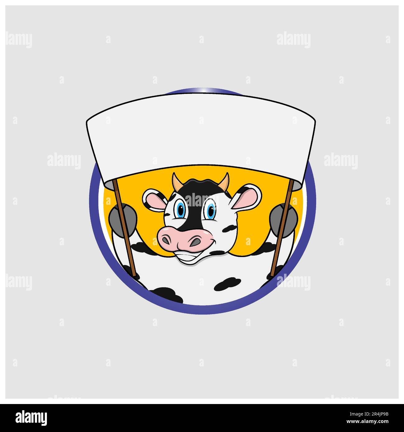 Cow Head Circle Label With Big White Blank Banner , Yellow Colors Background, Mascot, Icon, Character or Logo, Vector and Illustration. Stock Vector