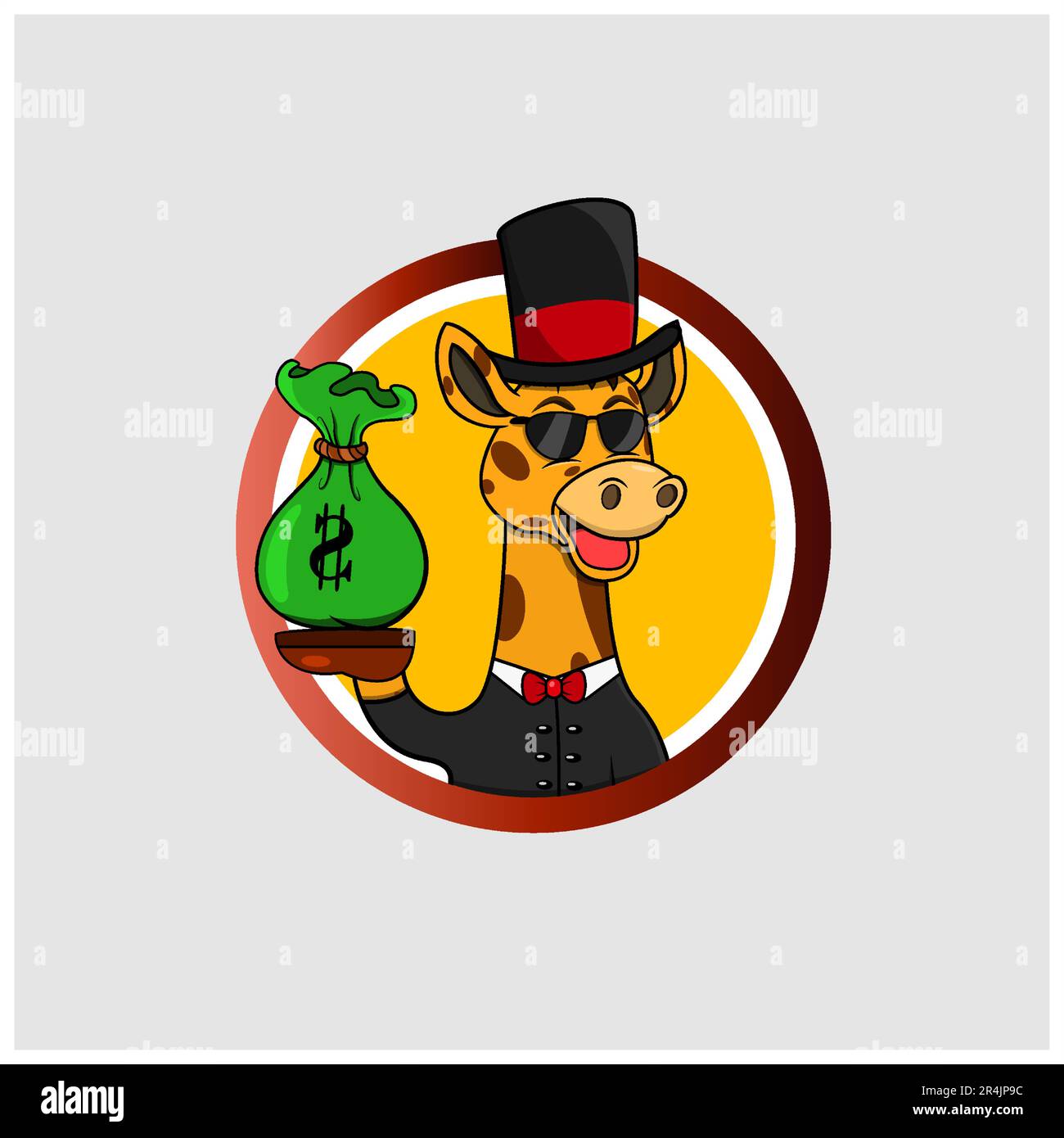 Rich Cartoon Giraffe Head Circle Label With Bring Money, Yellow Colors Background, Cartoon, Mascot, Animals, Character, Vector and Illustration. Stock Vector