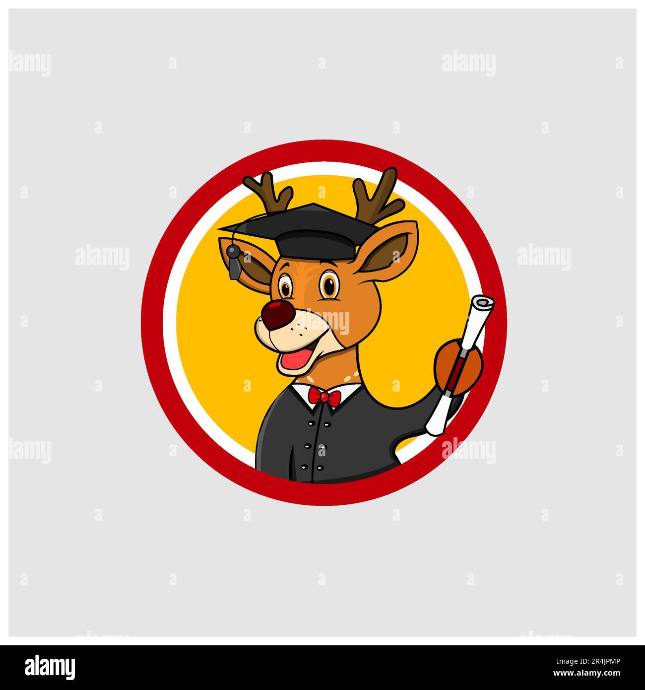 Cute Deer Head Graduate Circle Label , Yellow Colors Background, Cartoon, Mascot, Animals, Character, Vector and Illustration. Stock Vector