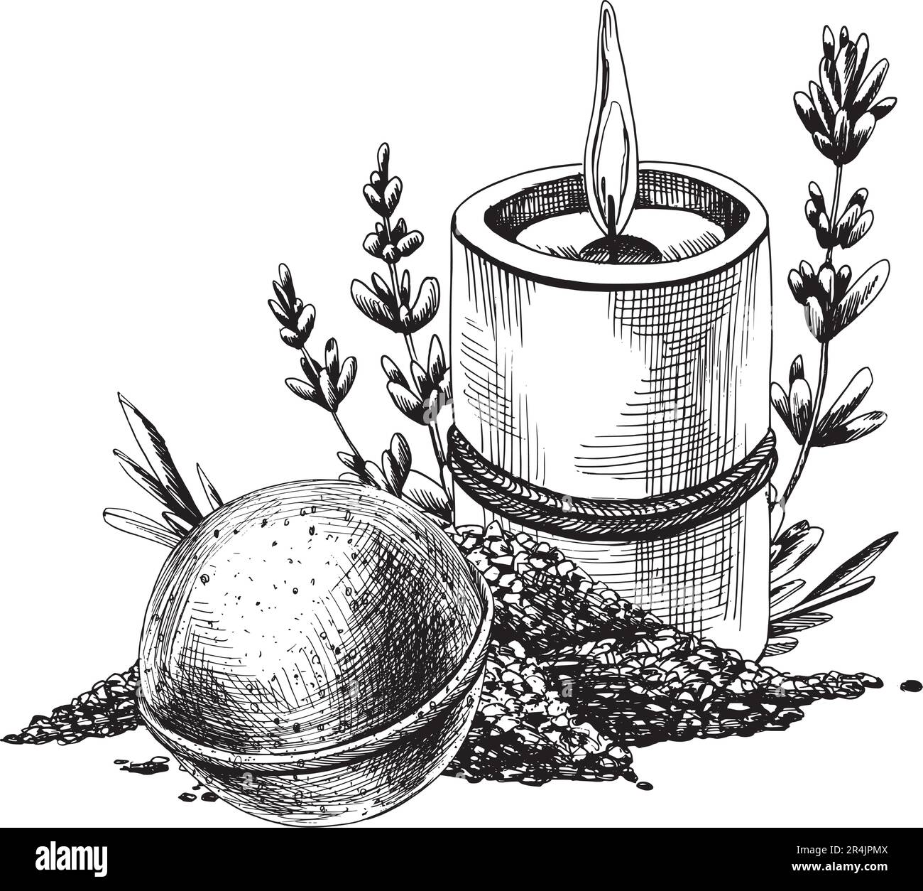 Candle with sea salt, bath bomb and lavender flowers. The illustration