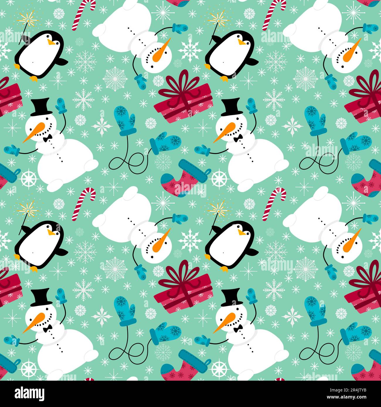 Christmas cartoon snowman seamless snowflakes and penguin and gifts box ...