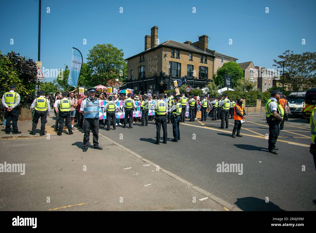London, United Kingdom - May 27th 2023: Protesters at the Honor Oak Pub. Stock Photo