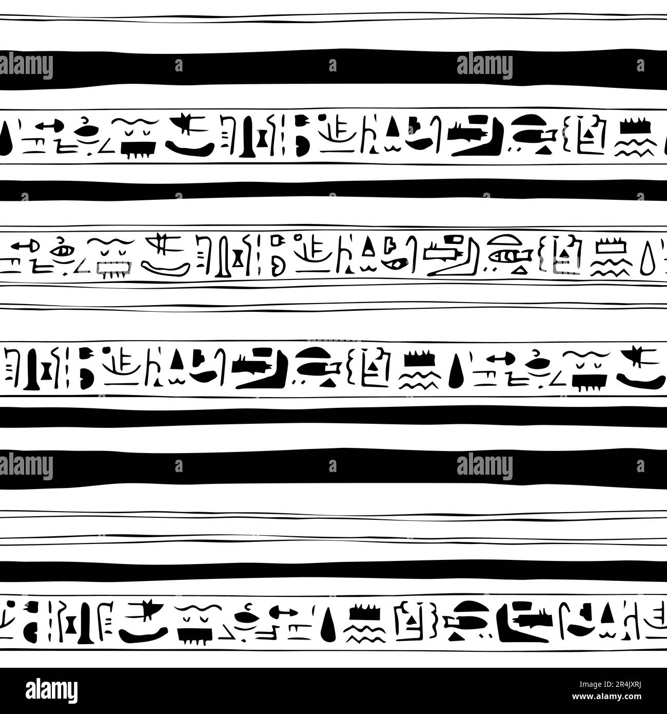 Black white hand-drawn seamless pattern border with symbols similar to Egyptian Stock Vector