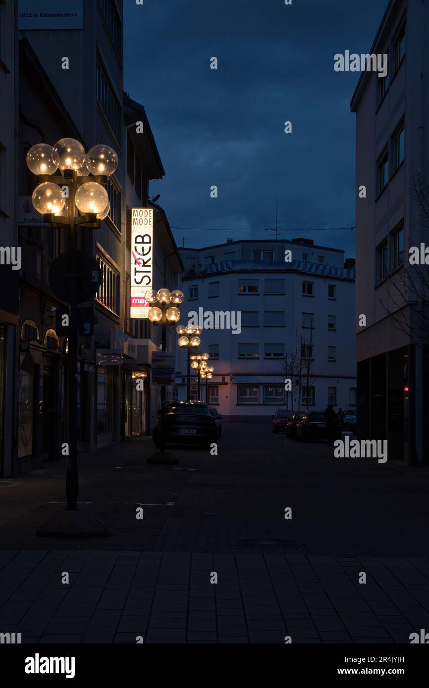 Kaiserslautern, Germany March 16, 2021 Row of lights on a street in downtown Kaiserslautern