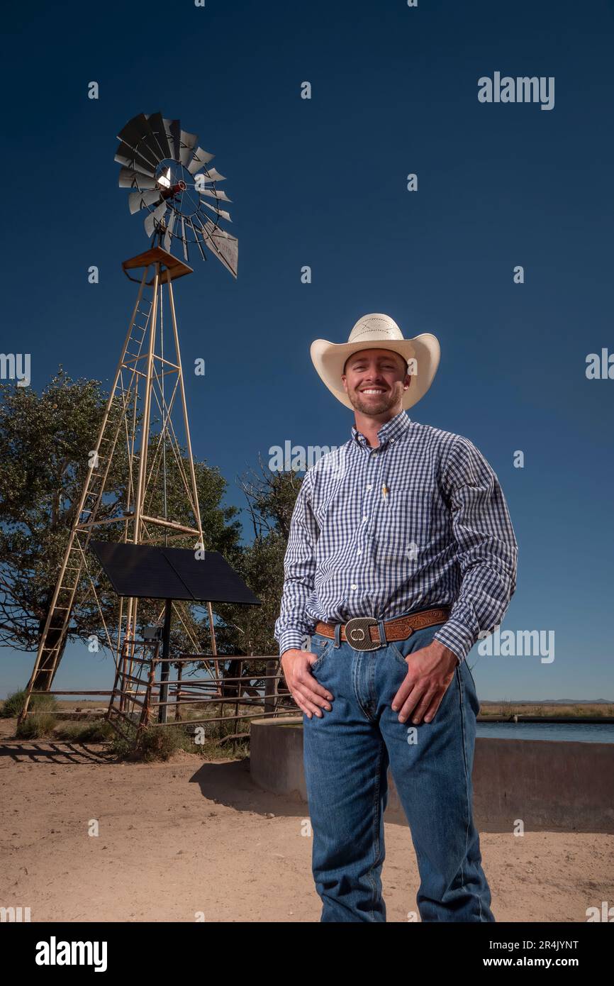 Clayton Gardner raises cattle on 777 Ranch in Torrance County, NM.Gardner, who works his family ranch, purchased his own ranch two years ago with wife. USDA: Preston Keres Stock Photo