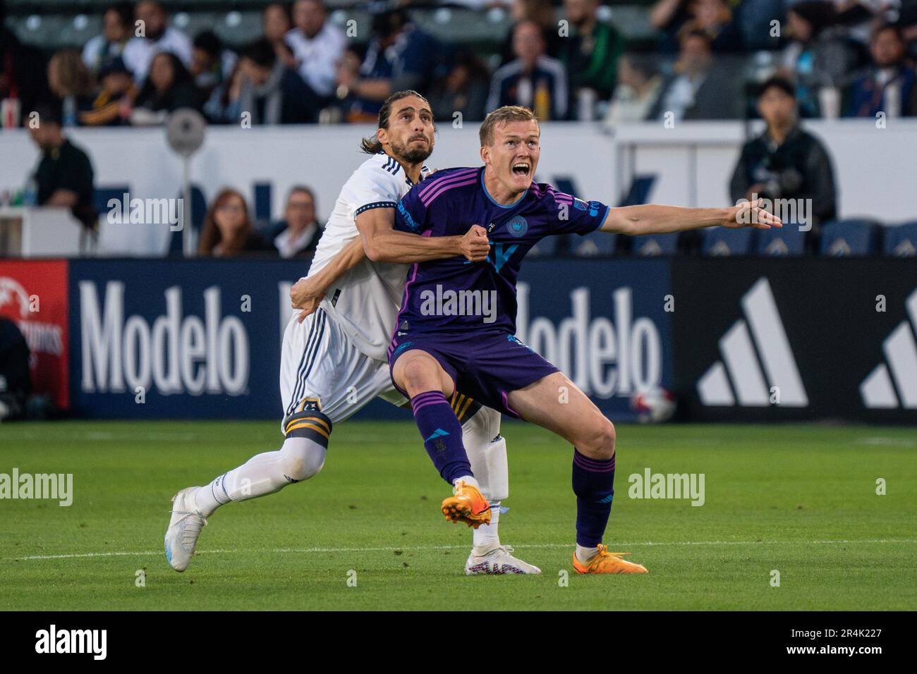 Charlotte FC forward Karol Świderski (11) and Charlotte FC forward Justin Meram (22) fight for a header during a MLS match, Saturday, May 27, 2023, at Stock Photo