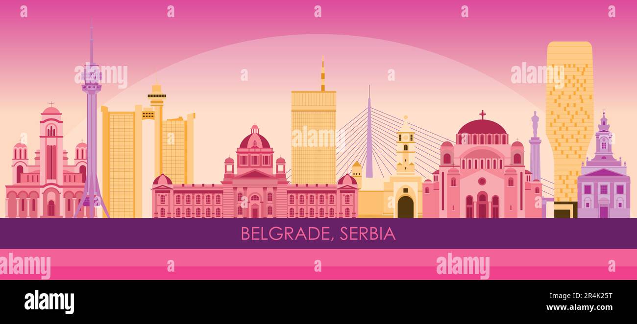 Sunset Skyline panorama of City of Belgrade, Serbia - vector illustration Stock Vector