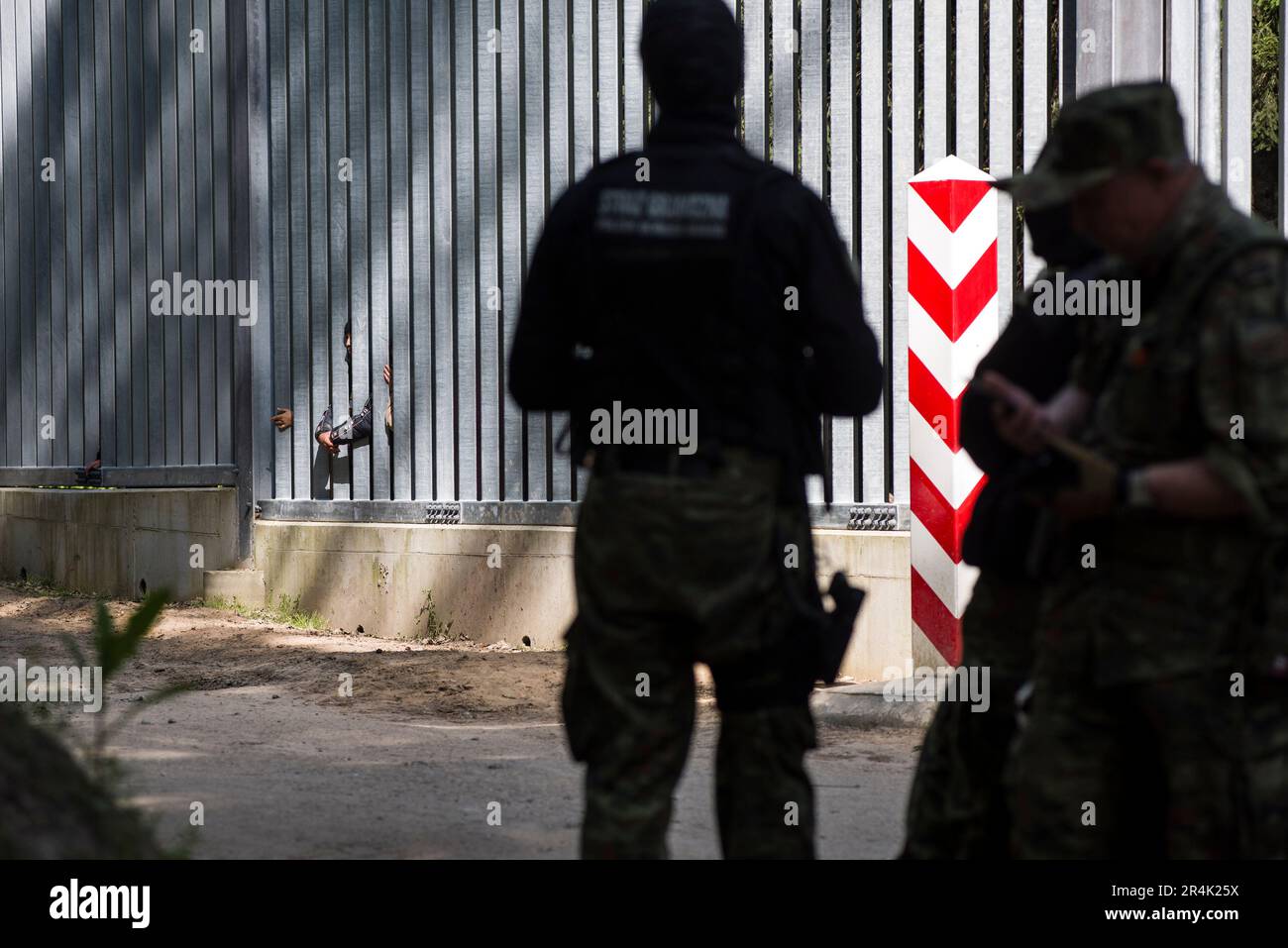 Polish border guards are seen watching the migrants who are stuck at the Polish border wall in Bialowieza. A group of 30 migrants and refugees from Iraq and Syria seeking asylum, including more than 10 children, has been stuck at Poland's border wall with Belarus for three days. Belarusian border guards are not allowing them to turn back to Belarus. Activist Marta Staniszewska form the Grupa Granica (Border Group) organization, who spoke with the migrants, said, that 'Belarusian services told the migrants if they return, they will be beaten, or that they will even kill them”. Stock Photo