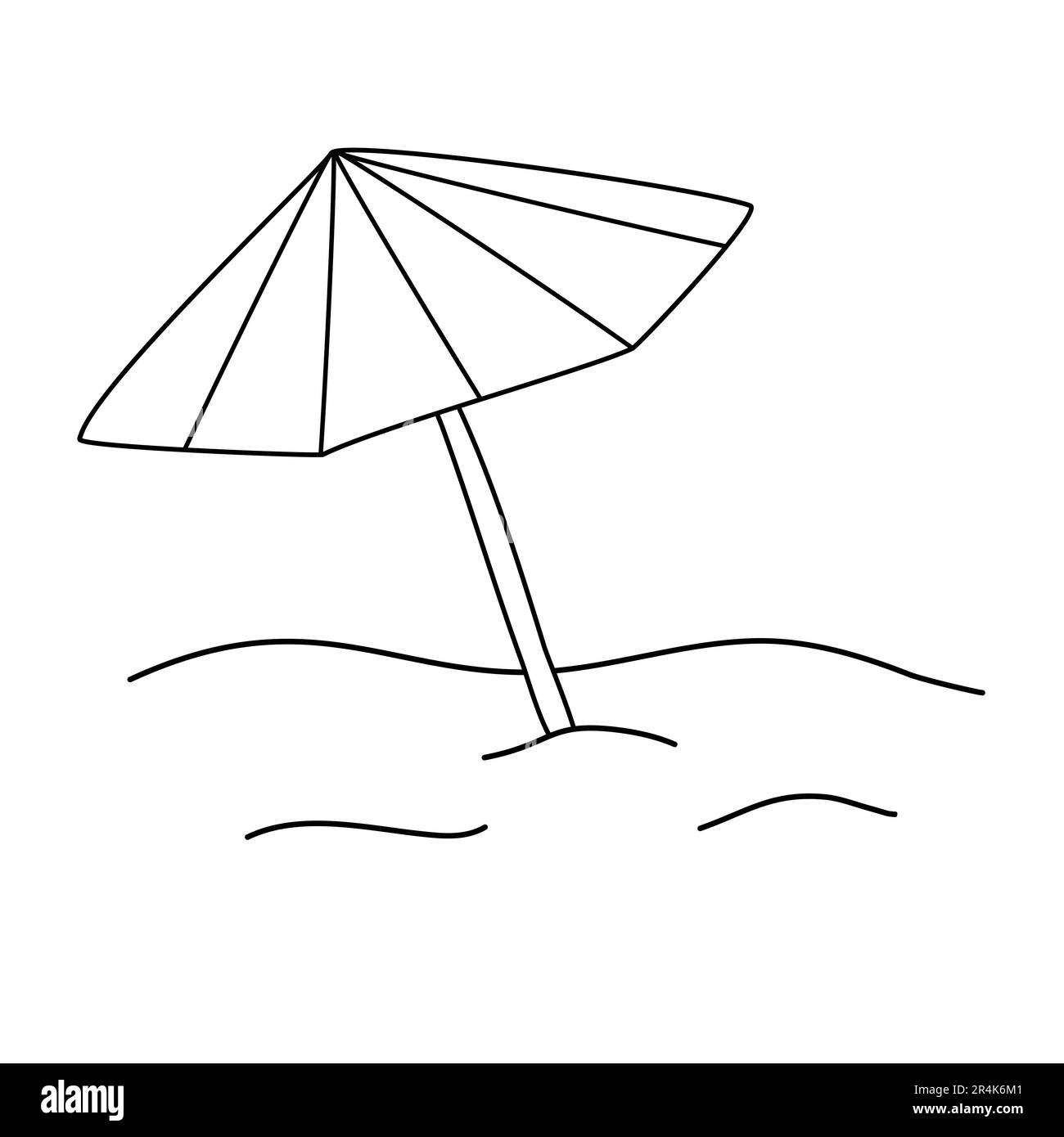 Beach umbrella red and white in sand, vacation and travel concept, doodle style flat vector outline illustration for kids coloring book Stock Vector