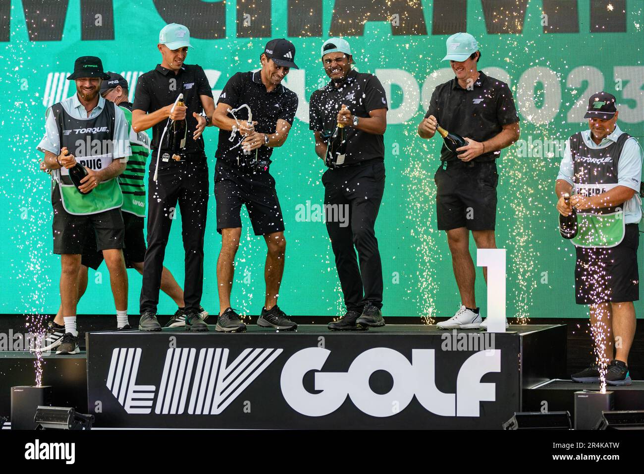 Potomac Falls, Virginia, USA. 28th May, 2023. Team Torque celebrates winning the team championship at the LIV Golf DC event at Trump National Golf Club. (Credit Image: © Robert Blakley/ZUMA Press Wire) EDITORIAL USAGE ONLY! Not for Commercial USAGE! Credit: ZUMA Press, Inc./Alamy Live News Stock Photo