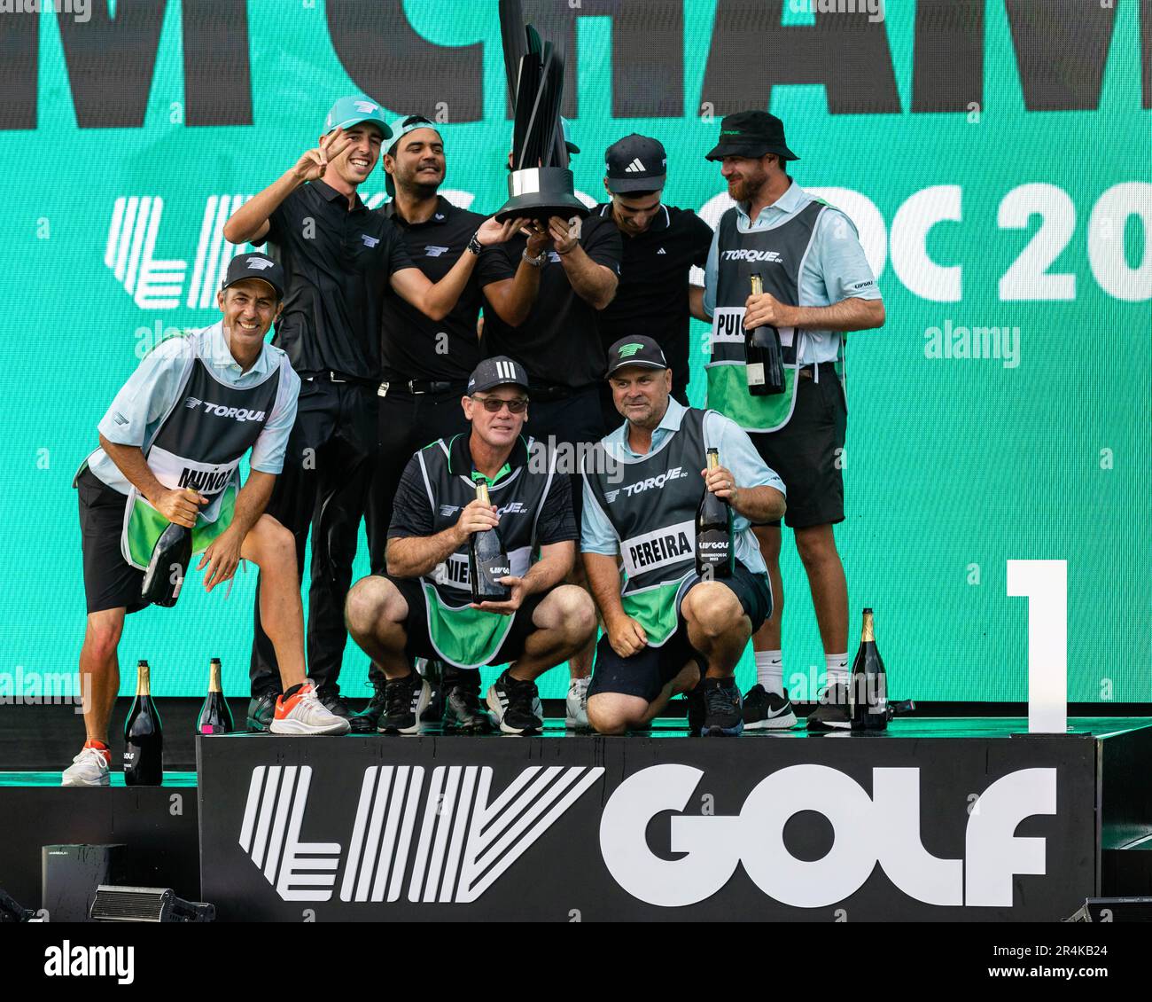 Potomac Falls, Virginia, USA. 28th May, 2023. Team Torque celebrates winning the team championship at the LIV Golf DC event at Trump National Golf Club. (Credit Image: © Robert Blakley/ZUMA Press Wire) EDITORIAL USAGE ONLY! Not for Commercial USAGE! Credit: ZUMA Press, Inc./Alamy Live News Stock Photo