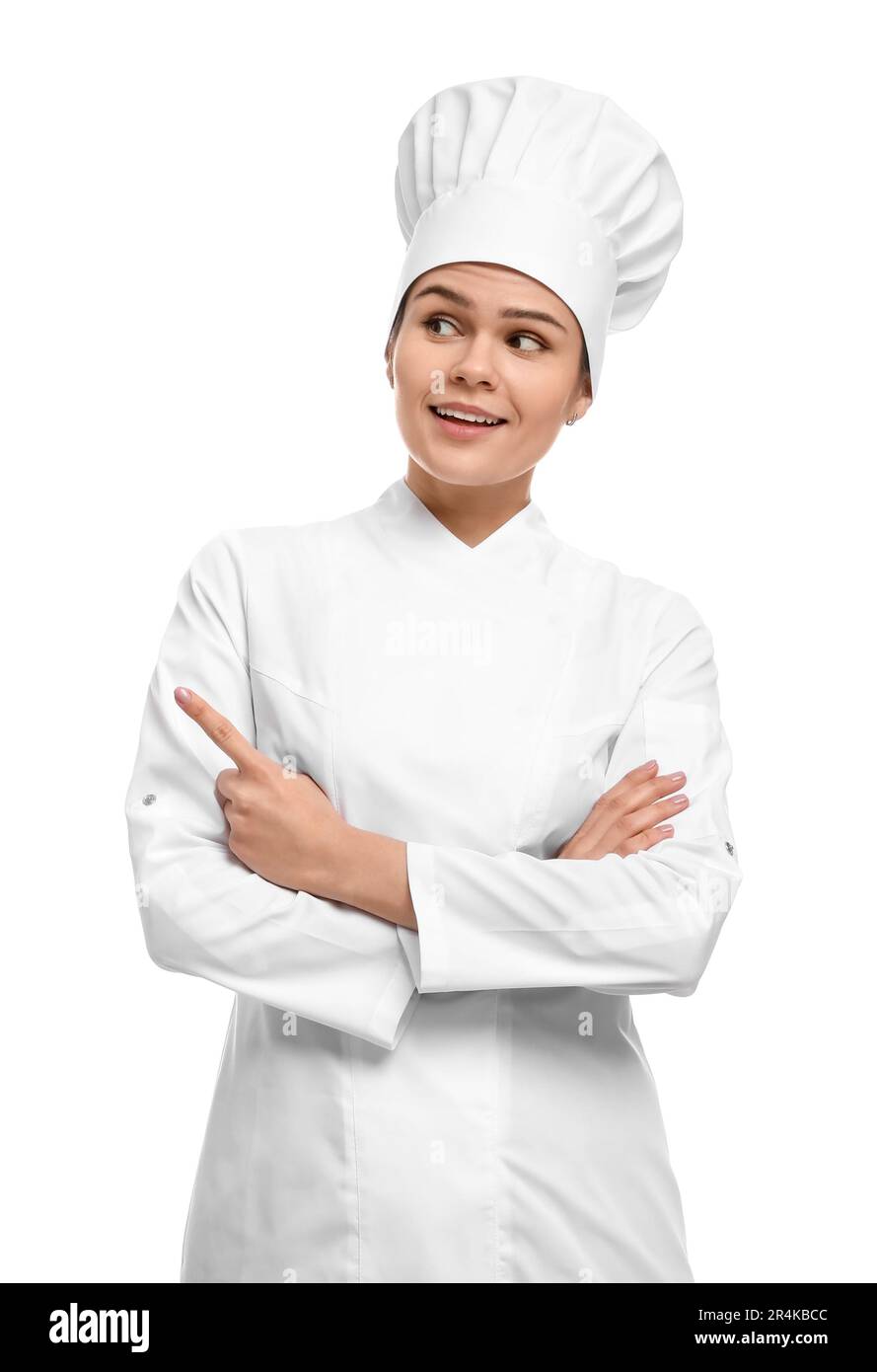 Happy female chef wearing uniform and cap on white background Stock ...