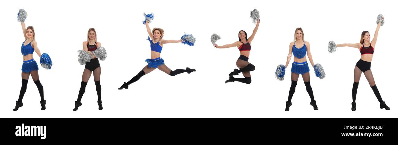 Collage with photos of beautiful happy cheerleaders with pom poms in uniforms on white background Stock Photo