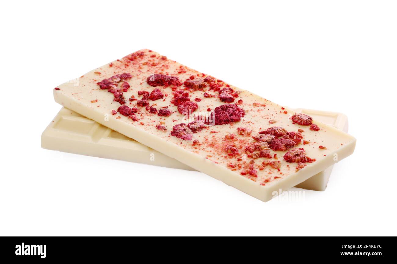 Chocolate bars with freeze dried raspberries on white background Stock ...