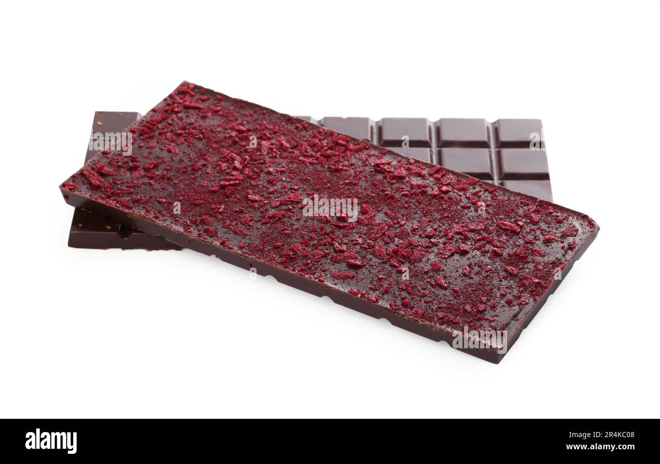 Chocolate bars with freeze dried fruits on white background Stock Photo ...