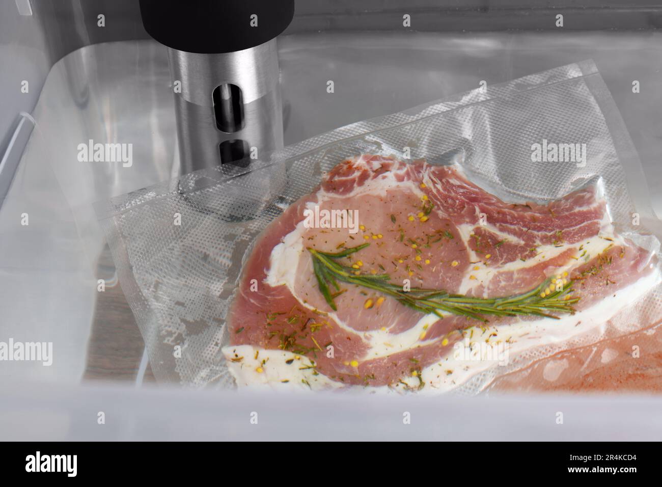 Thermal immersion circulator and vacuum packed meat in box, closeup