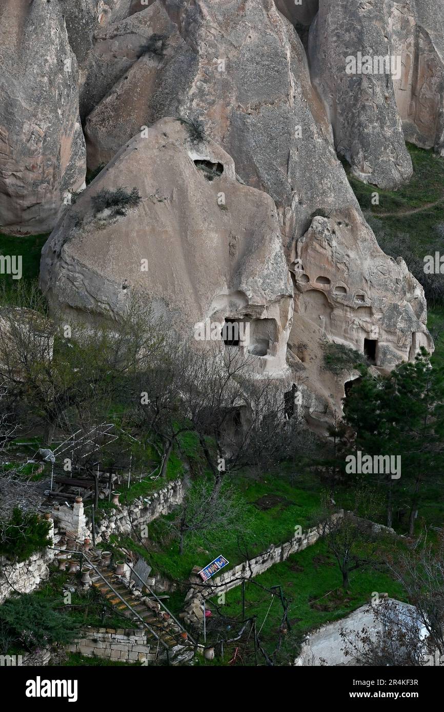 Aerial view of the Zelve Valley Open Air Museum, Capadoccia, Turkey Stock Photo