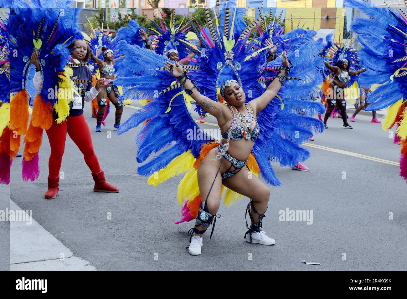 San Francisco, California, USA. 28th May, 2023. Dazzling performers adorned  in extravagant costumes take to the streets of San Francisco for Carnaval,  an annual celebration of unity and diversity. Credit: Tim Fleming/Alamy