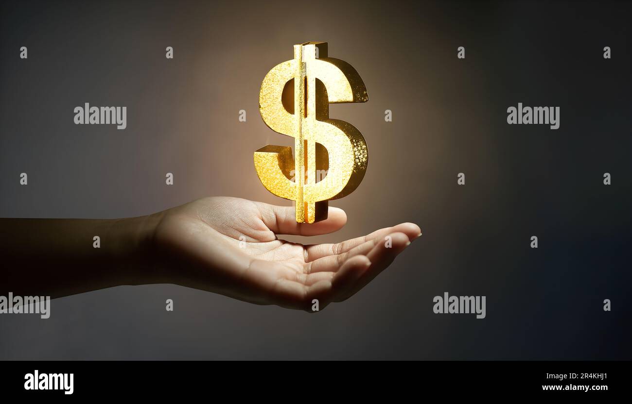 Businessman hand holding business idea dollar sign icon. Creative idea business technology make money success concept. Stock Photo