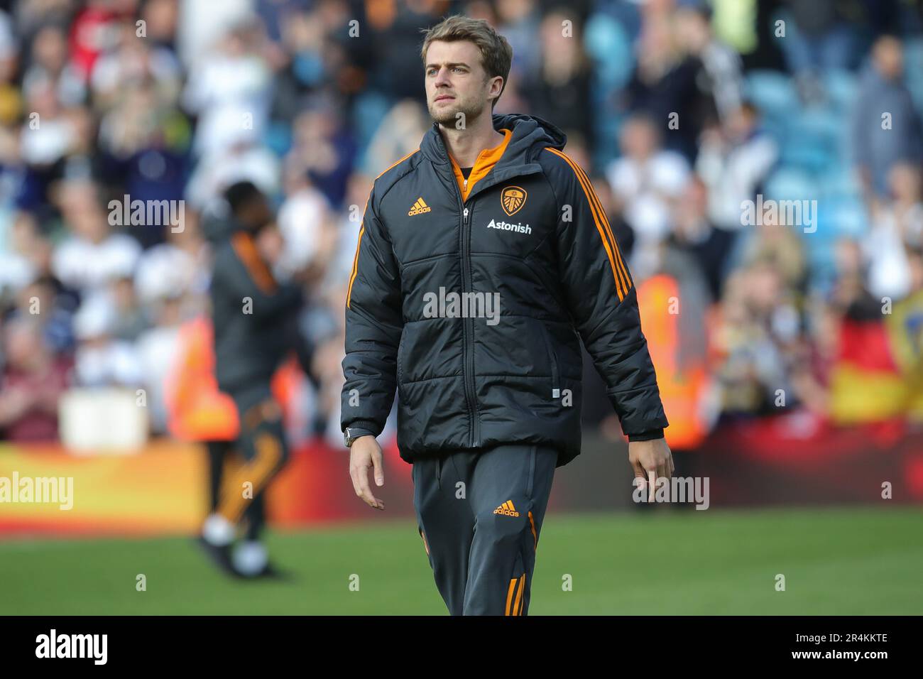 Patrick Bamford 9 of Leeds United walks off the pitch after the