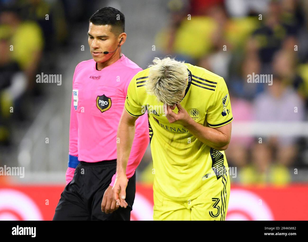 Nashville, USA. May 28, 2023: n3 nose bleeds during the first half of an MLS game between Columbus Crew and Nashville SC at Geodis Park in Nashville TN Steve Roberts/CSM Credit: Cal Sport Media/Alamy Live News Stock Photo