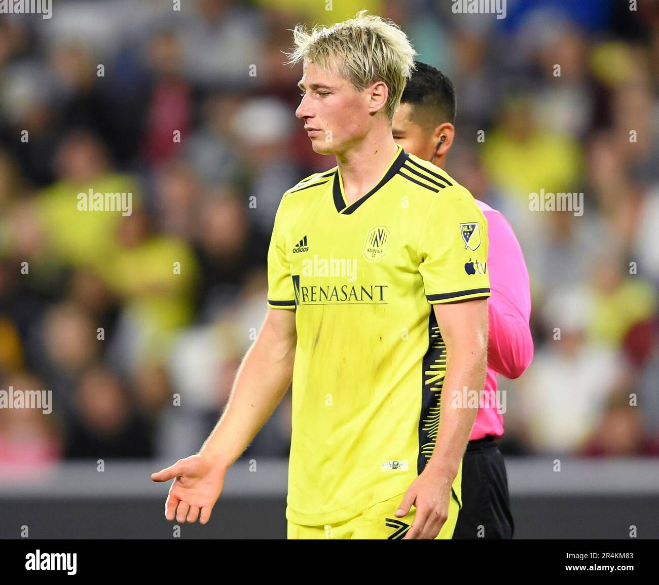 Nashville, USA. May 28, 2023: n3 nose bleeds during the first half of an MLS game between Columbus Crew and Nashville SC at Geodis Park in Nashville TN Steve Roberts/CSM Credit: Cal Sport Media/Alamy Live News Stock Photo