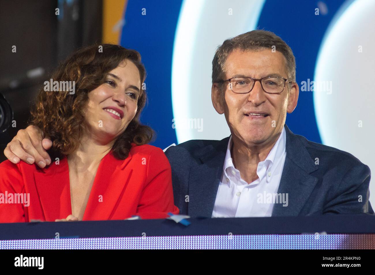 Madrid, Spain. 28th May, 2023. Popular Party leader Alberto Nu-ez Feijoo (R) and the president of the Community of Madrid and candidate for reelection Isabel Diaz Ayuso (L) celebrate with supporters the victory of their party in the local and regional elections at the national headquarters in Madrid. Spaniards have been called to the polls today on an electoral day in which the Popular Party has obtained better results than in the previous elections. Credit: Marcos del Mazo/Alamy Live News Stock Photo