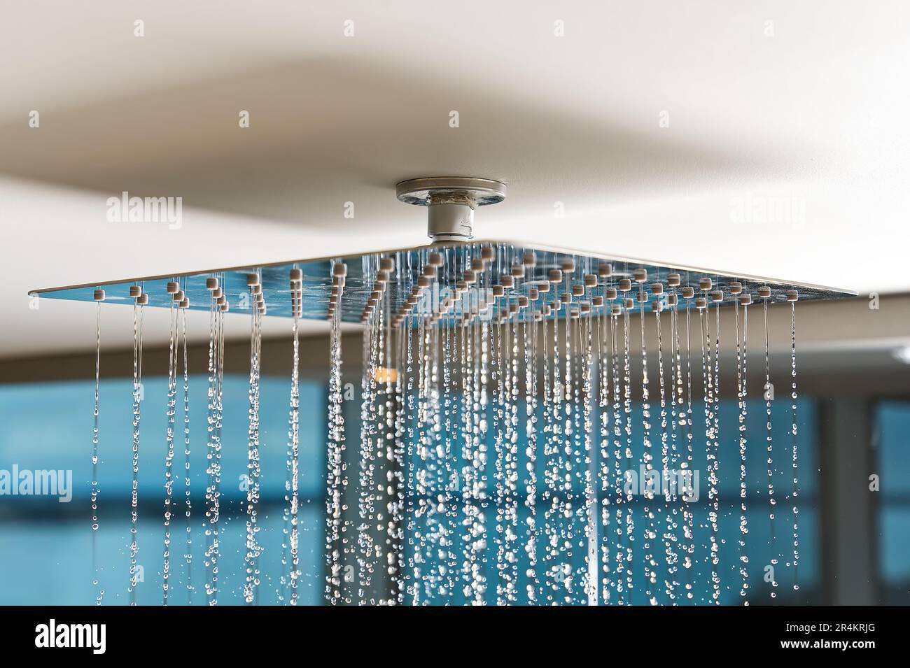 Water flows from the tropical shower. Large water consumption. Chrome