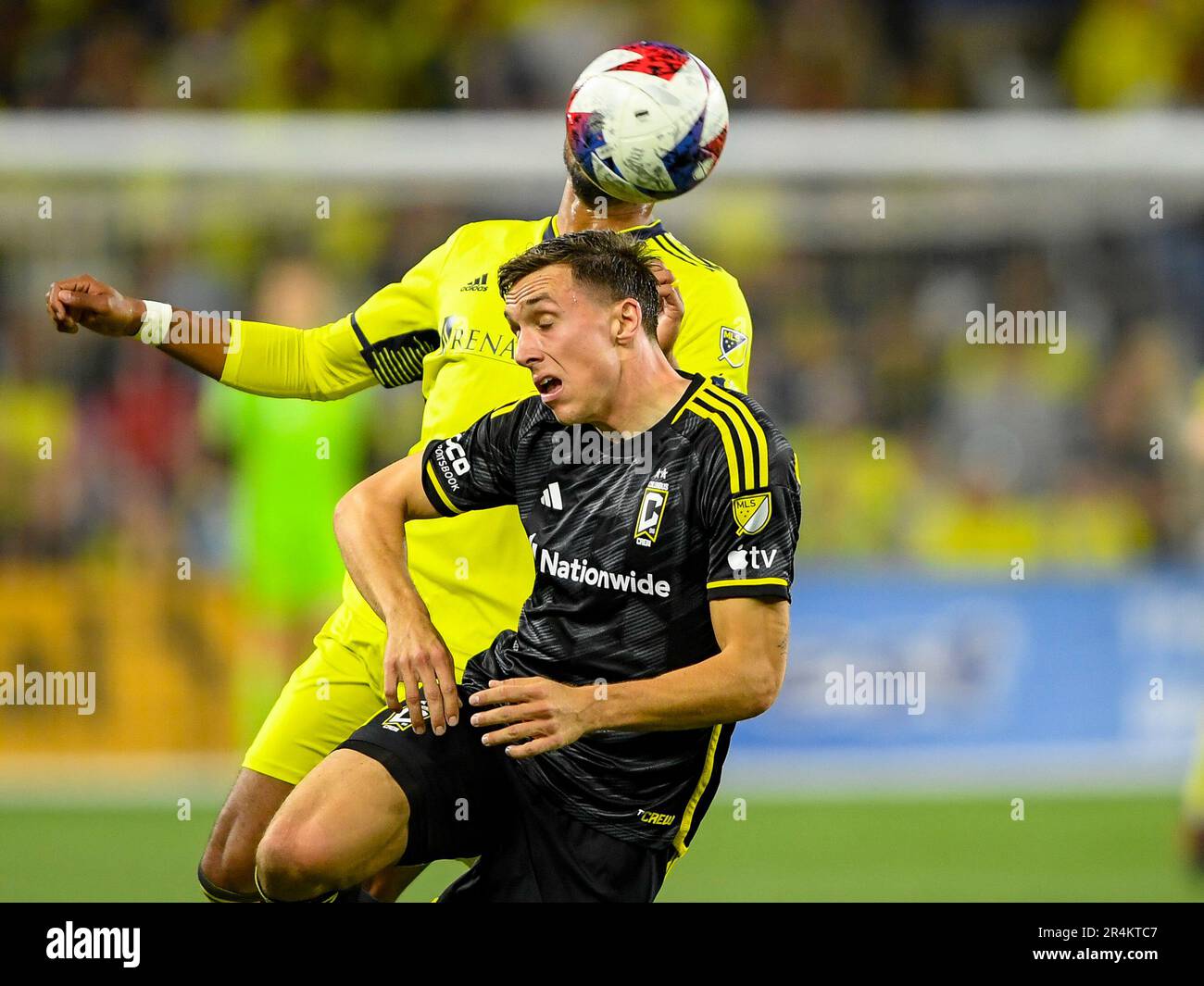 Nashville, USA. May 28, 2023: Columbus Crew forward Jacen Russell-Rowe (19) heads the ball during the second half of an MLS game between Columbus Crew and Nashville SC at Geodis Park in Nashville TN Steve Roberts/CSM (Credit Image: Steve Roberts/Cal Sport Media)(Credit Image: © @ Steve Roberts/Cal Sport Media) Credit: Cal Sport Media/Alamy Live News Stock Photo
