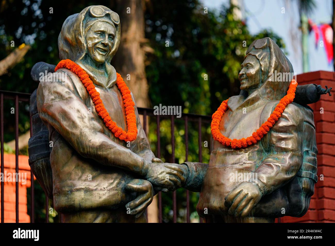 Kathmandu, Nepal. 29th May, 2023. Garlands are placed on the statues of Edmund Hillary (left) and Tenzing Norgay the first people to set foot on the world's highest peak, Mount Everest on May 29, 1953, during an annual event held to commemorate the achievement during International Mount Everest Day in Kathmandu, Nepal on Monday, May 29, 2023. Credit: ZUMA Press, Inc./Alamy Live News Stock Photo