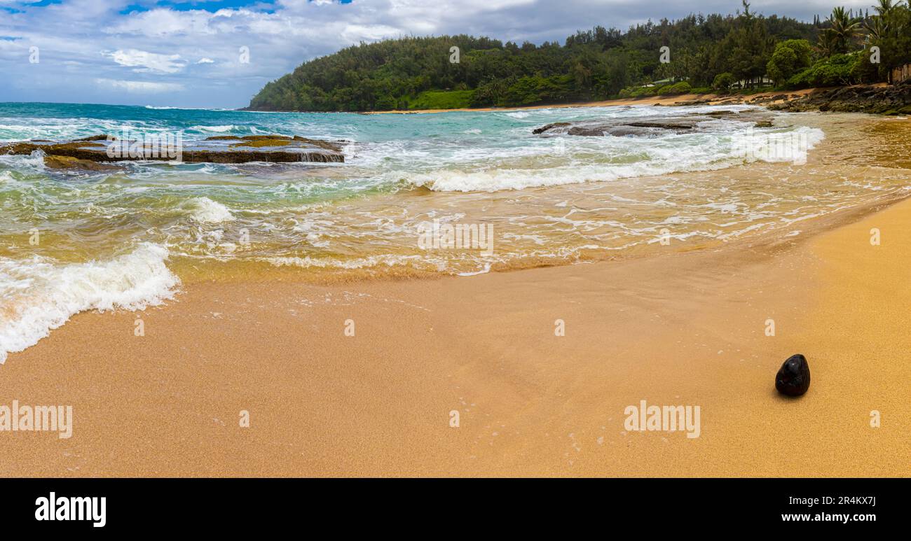 Waves Washing on Moloa'a Beach From Moloa'a Bay Kauai, Hawaii, USA Stock Photo