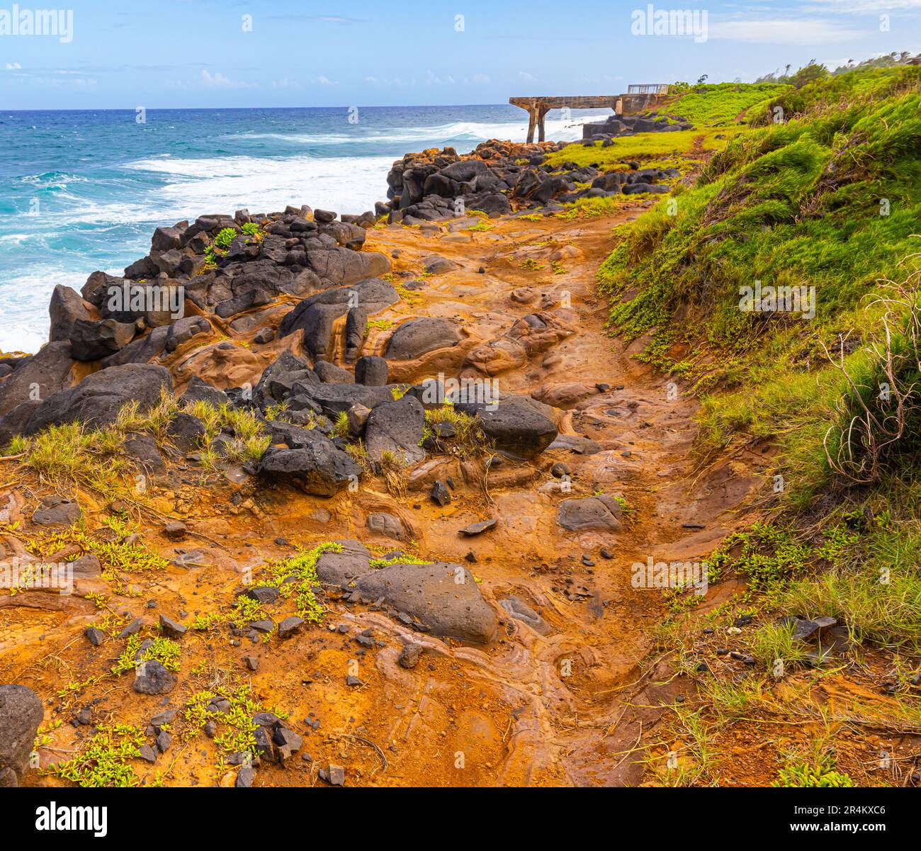 Historic Pineapple Dump Pier and Volcanic Shoreline on The East Side, Kapa'a, Kauai, Hawaii, USA