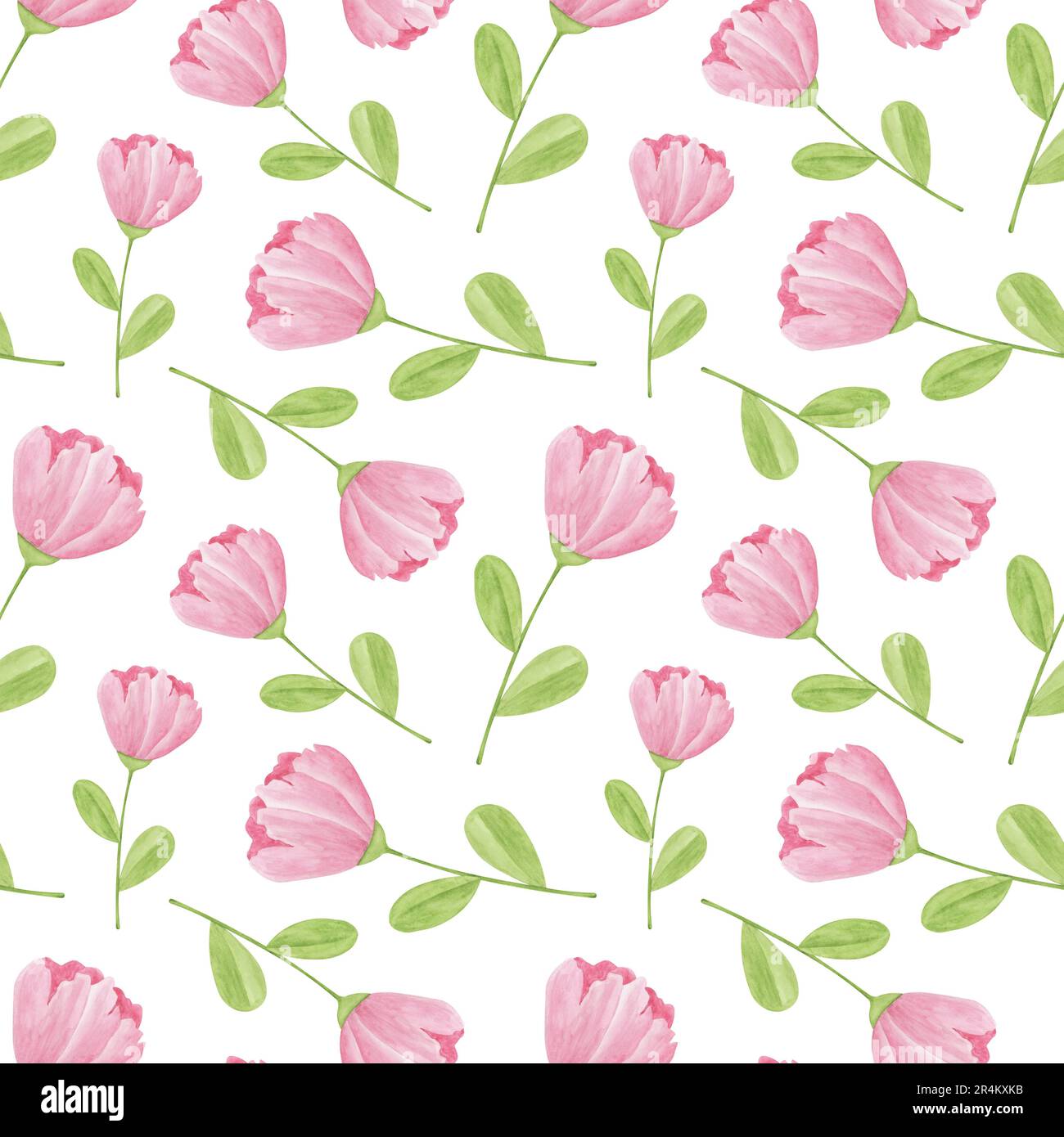 Seamless pattern with pink flowers on white background. Watercolor
