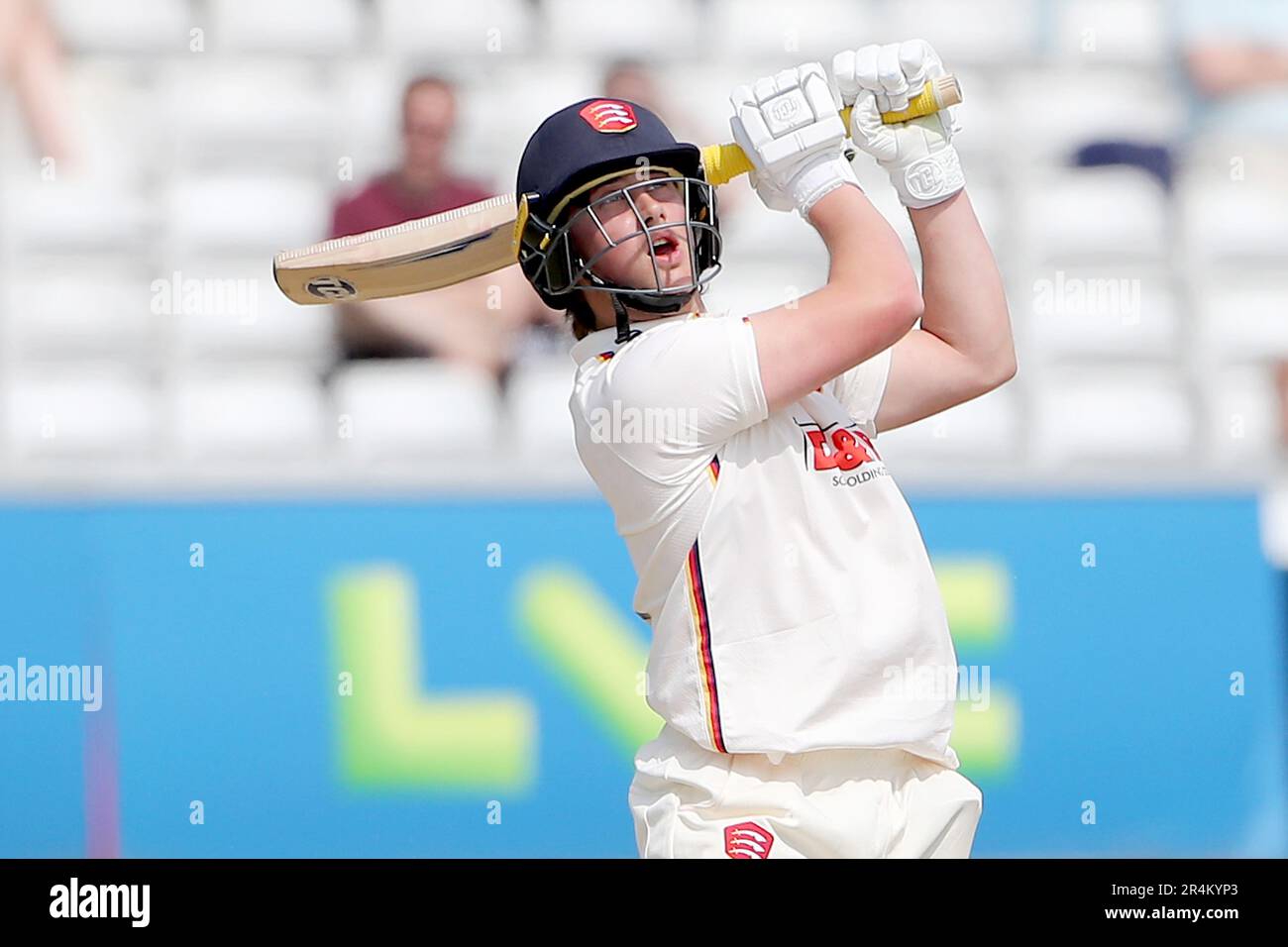 Noah Thain hits 6 runs for Essex during Essex CCC vs Ireland, Domestic First Class Match Cricket at The Cloud County Ground on 28th May 2023 Stock Photo