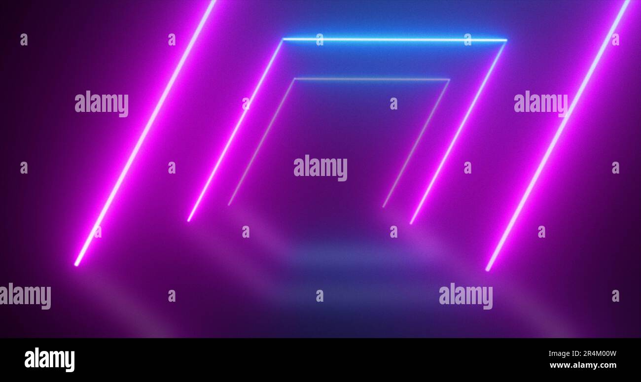 Abstract looped square tunnel neon blue and purple energy glowing from ...