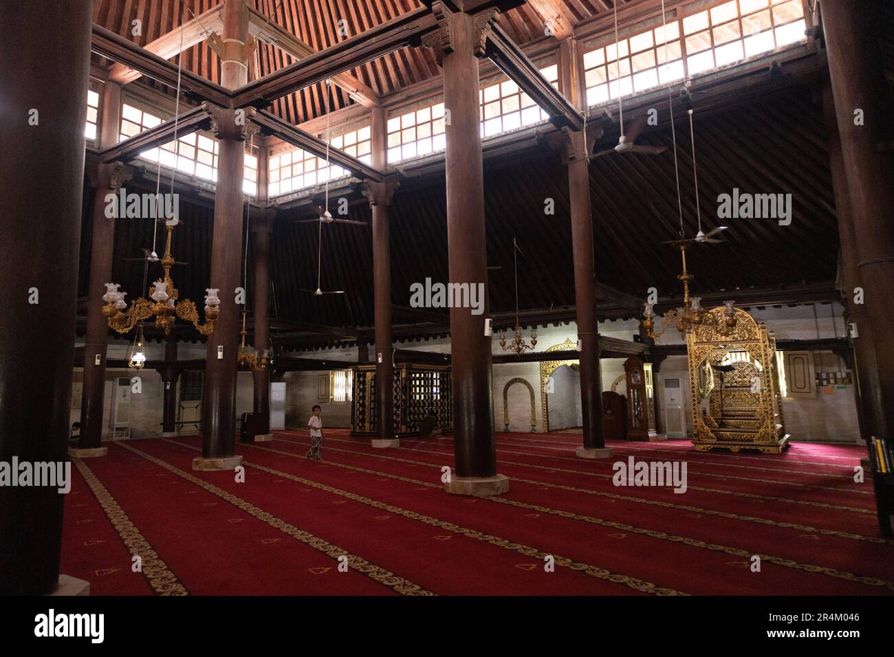Yogyakarta, Indonesia - March, 2023: Interior of Gedhe Kauman Mosque in Jogja, one of the mosques that retains poles and carvings from wood. This mosq Stock Photo