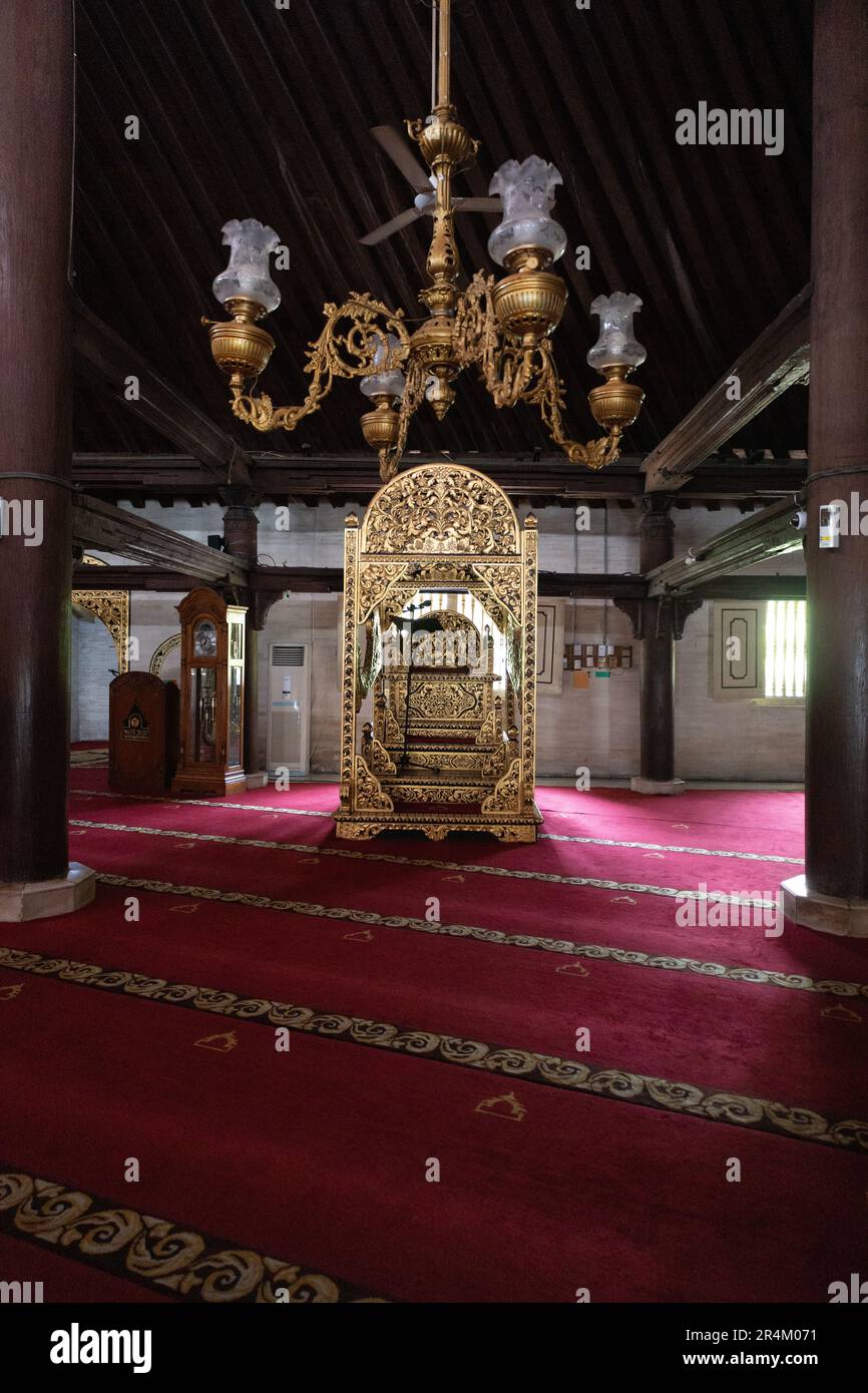 Yogyakarta, Indonesia - March, 2023: Interior of Gedhe Kauman Mosque in Jogja, one of the mosques that retains poles and carvings from wood. This mosq Stock Photo