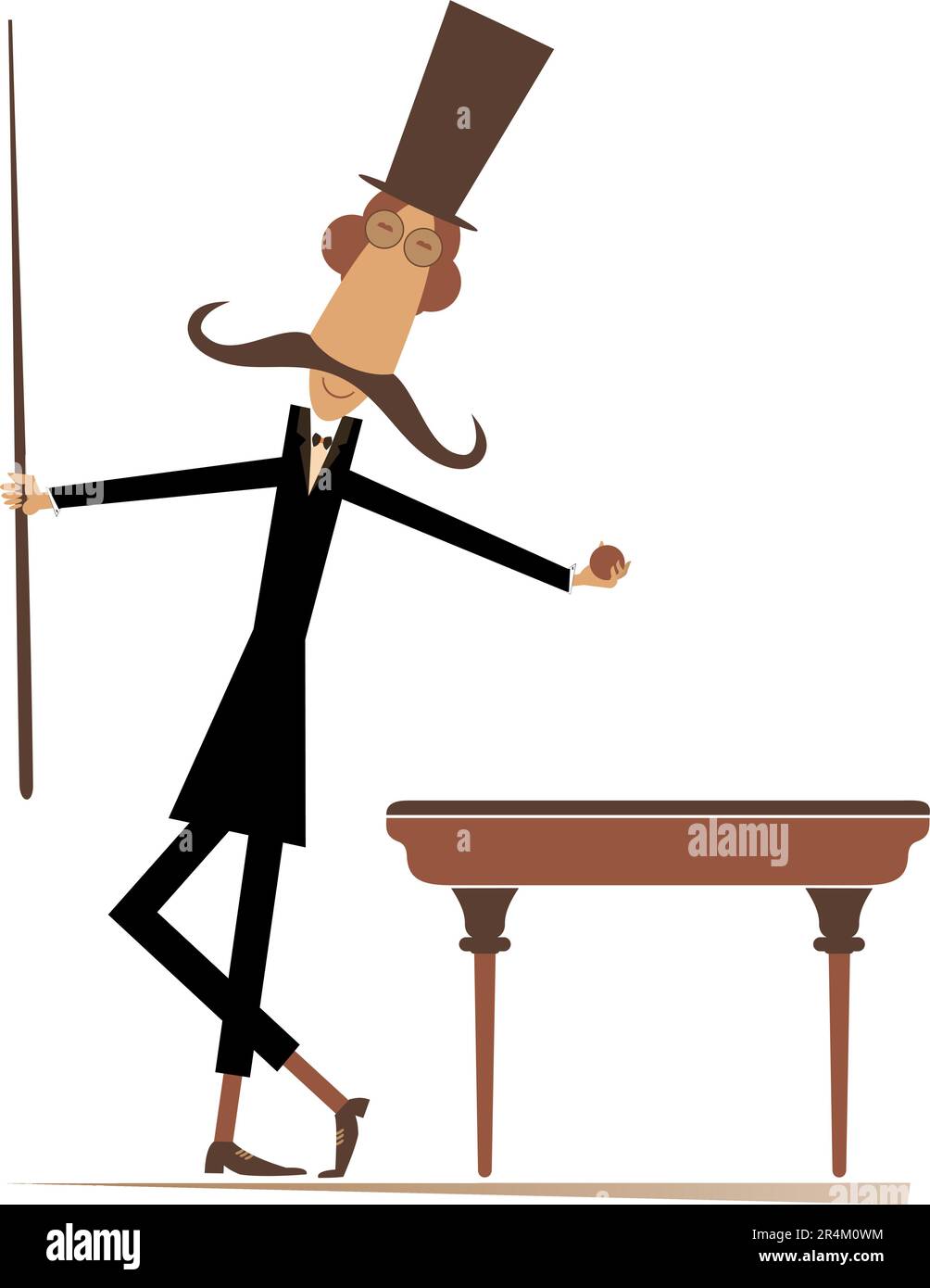 Man in the top hat playing billiards at club. Cute long mustache man in