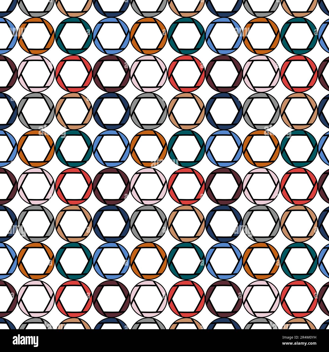 Pattern of beautyfull, colorful, bright,  round diaphragms, circles painted in the most fashionable colors of 2018 on a white background. Vector illus Stock Vector