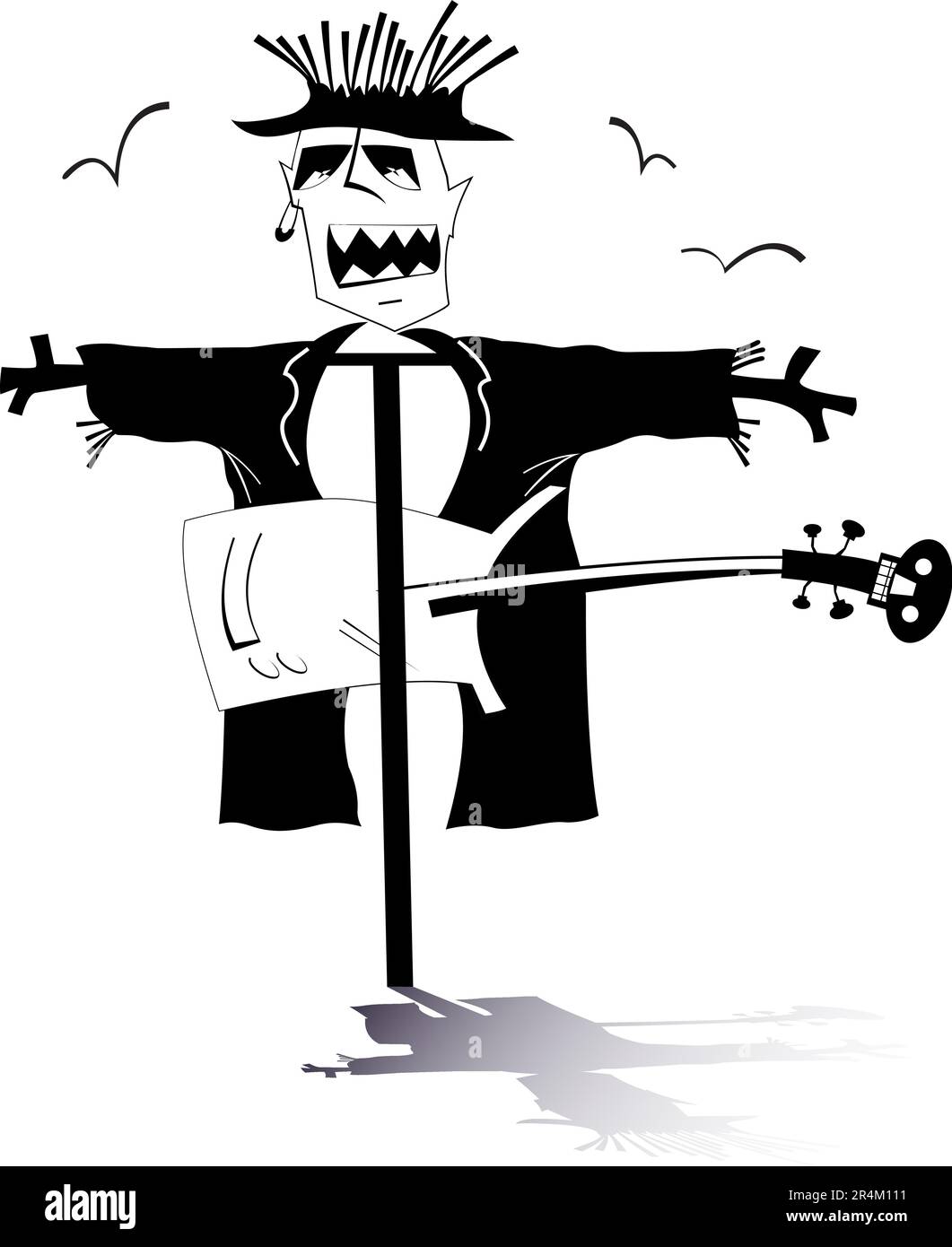 Funny scarecrow with guitar. Folk music. Cartoon scarecrow playing