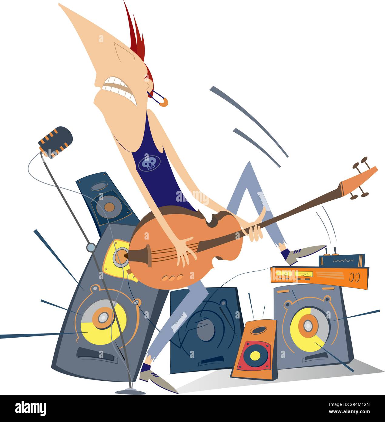 Cartoon singing guitar player. Funny guitarist plays electric guitar