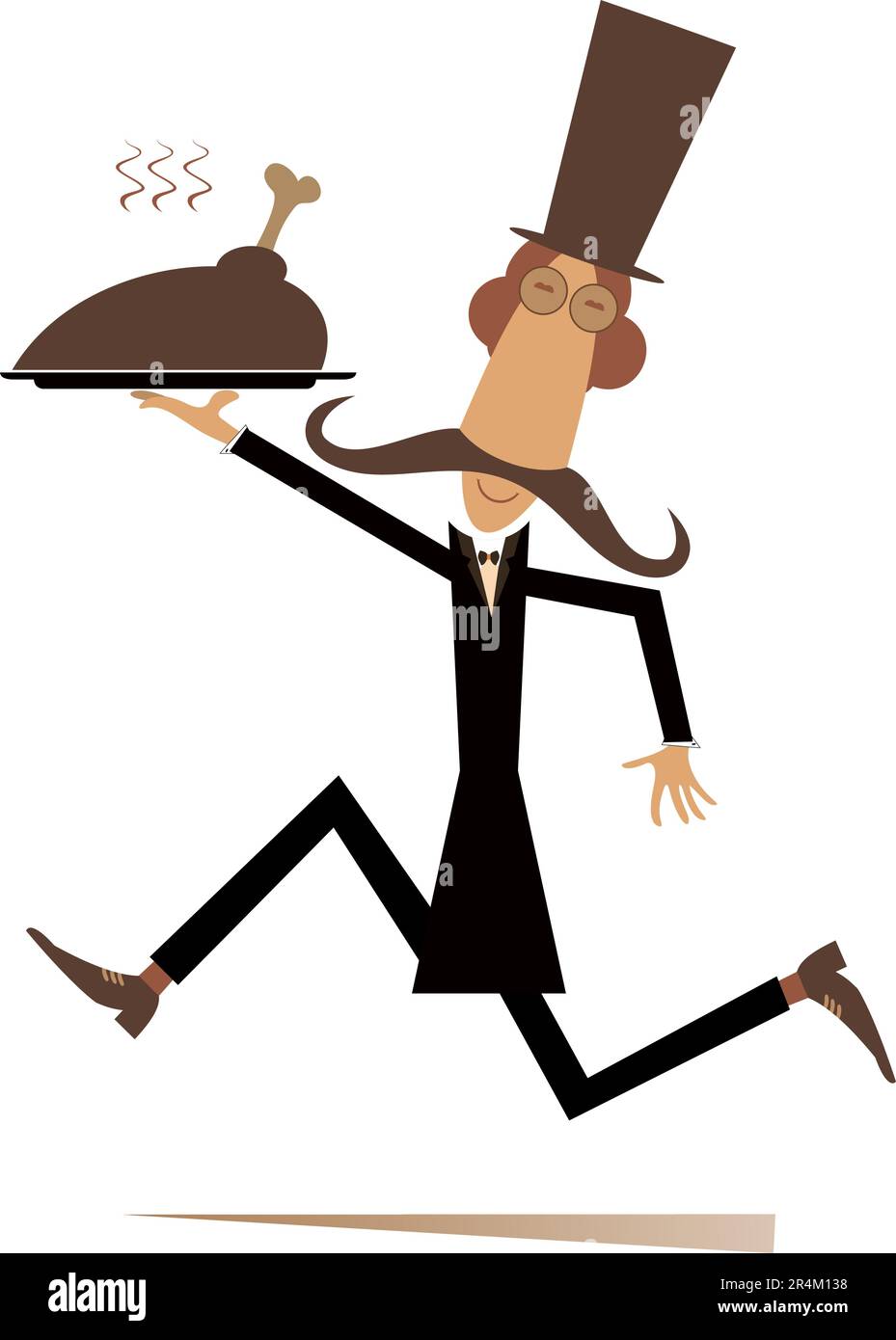 Man carries a tray with meat. Running long mustache man in the top hat