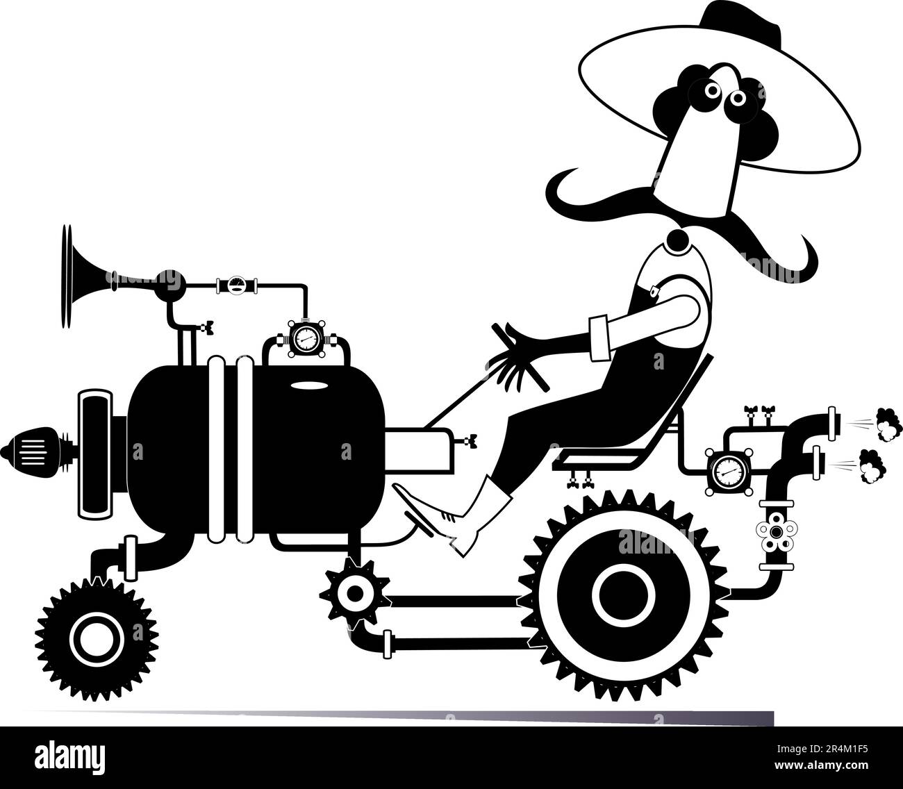 Farmer driving tractor. Cartoon smiling farmer driving tractor in