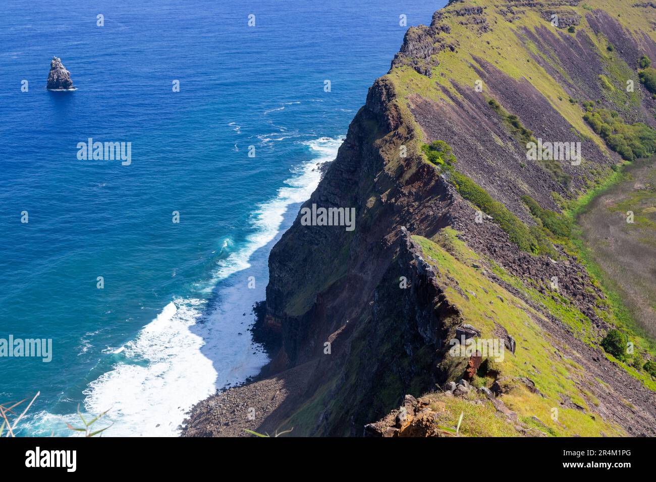 Aerial Landscape View from Above of Rano Kau, Extinct Volcano Crater and Pacific Ocean Coastline, Easter Island Rapa Nui, Chile Stock Photo