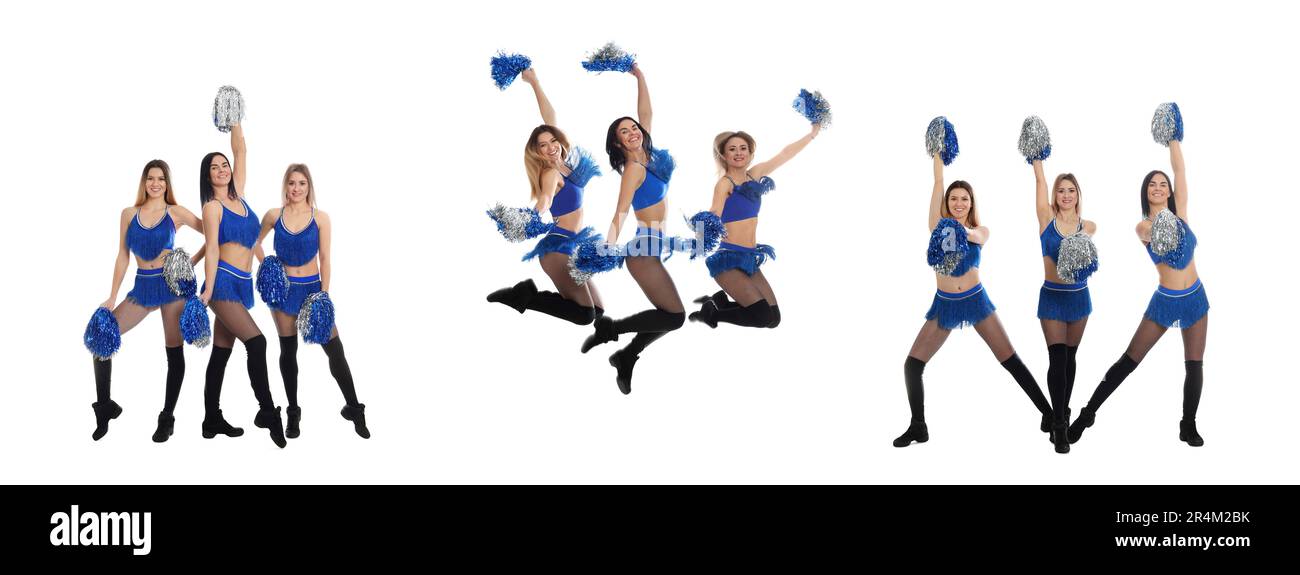 Collage with photos of beautiful happy cheerleaders with pom poms in uniform on white background Stock Photo